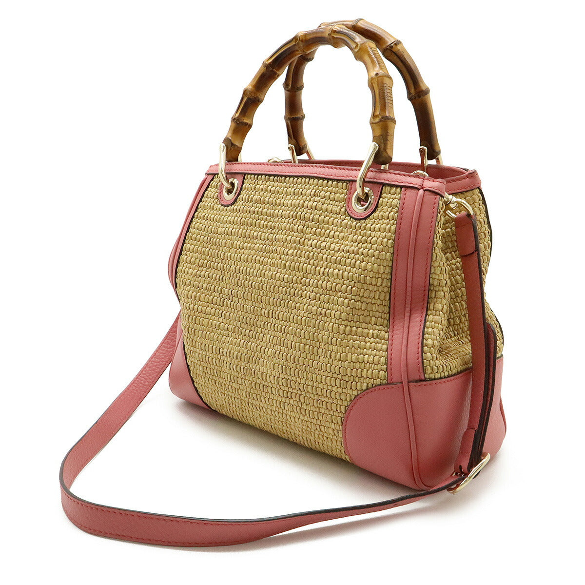 Gucci Bamboo Shopper Straw 2Way Handbag Leather Small Travel Bag
