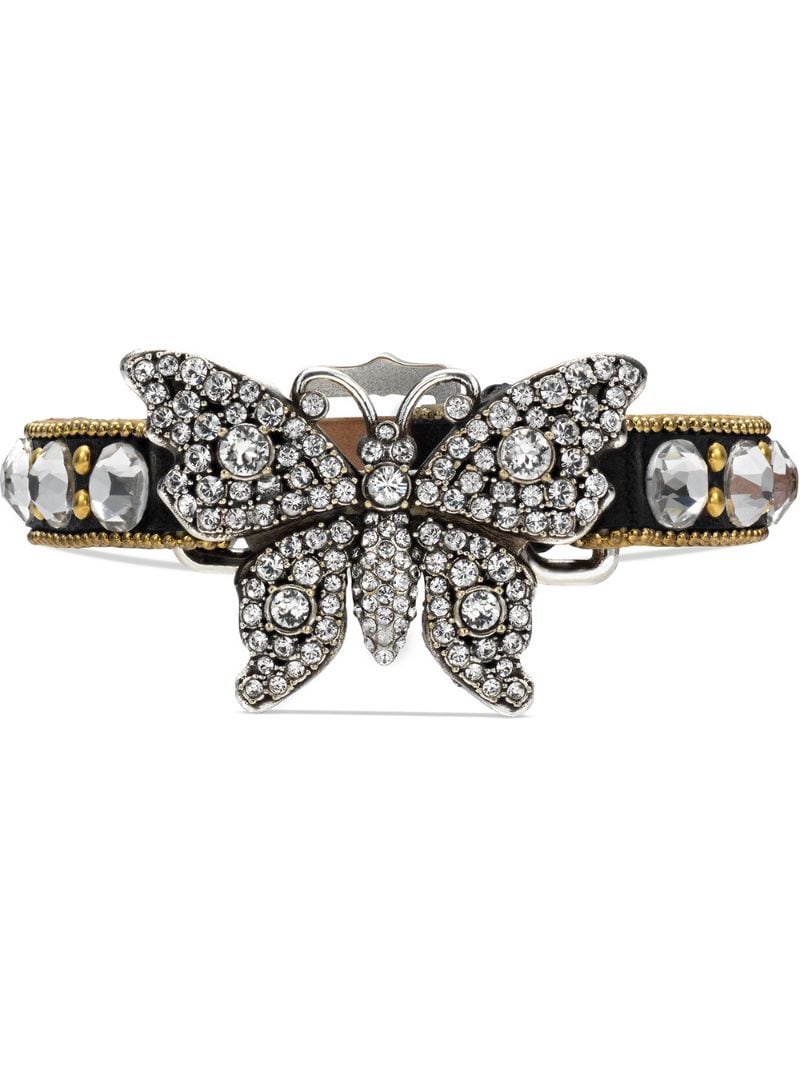 Gucci - Crystal studded butterfly bracelet - women - Crystal/Leather/metal - One Size - Black
