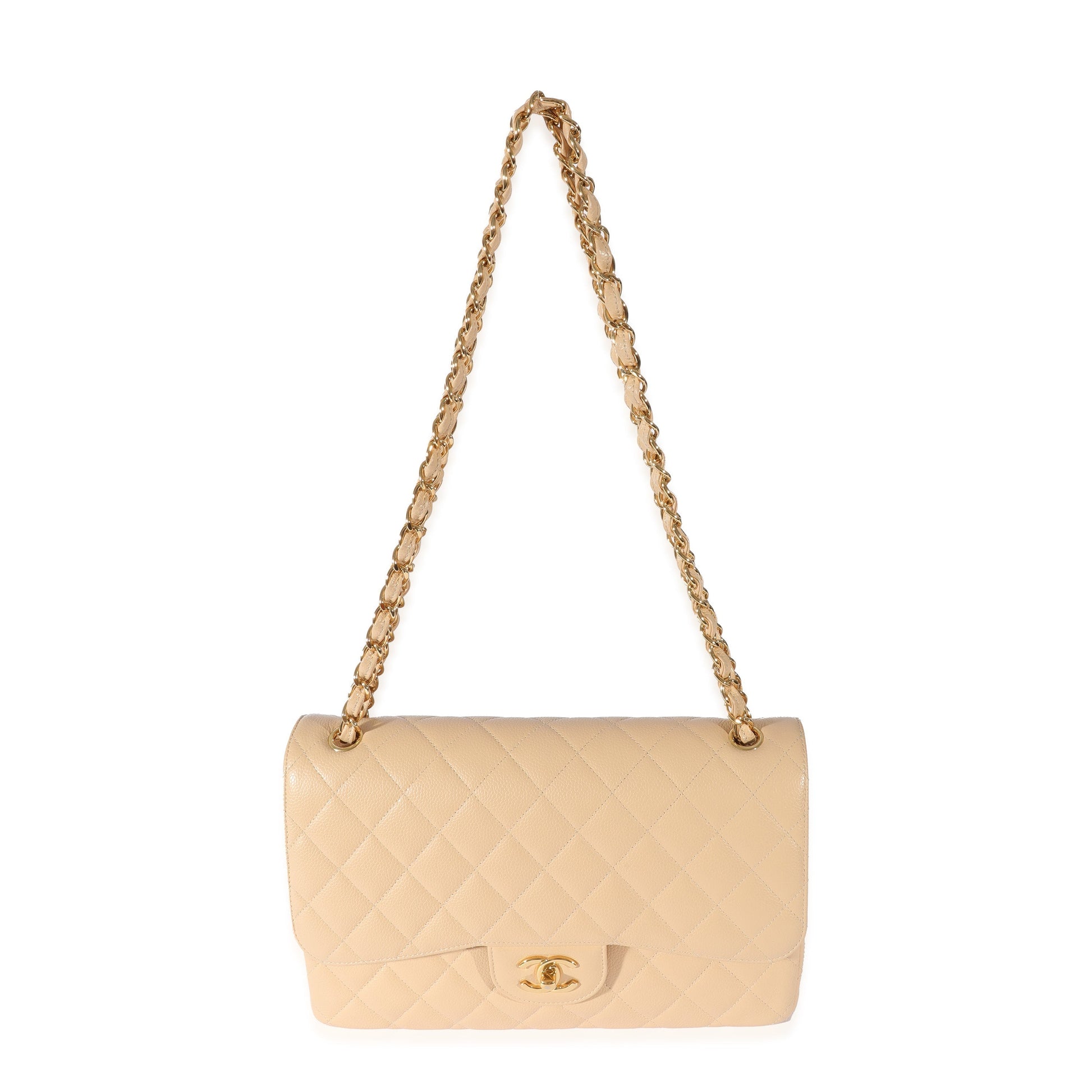 Chanel Beige Quilted Caviar Jumbo Classic Double Flap Bag