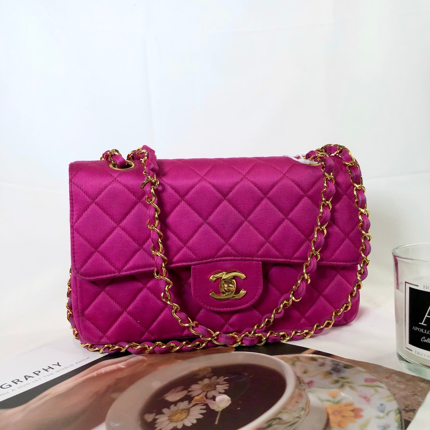Chanel Classic Flap Fuchsia Silk Satin 24k Pink Gold Handbag