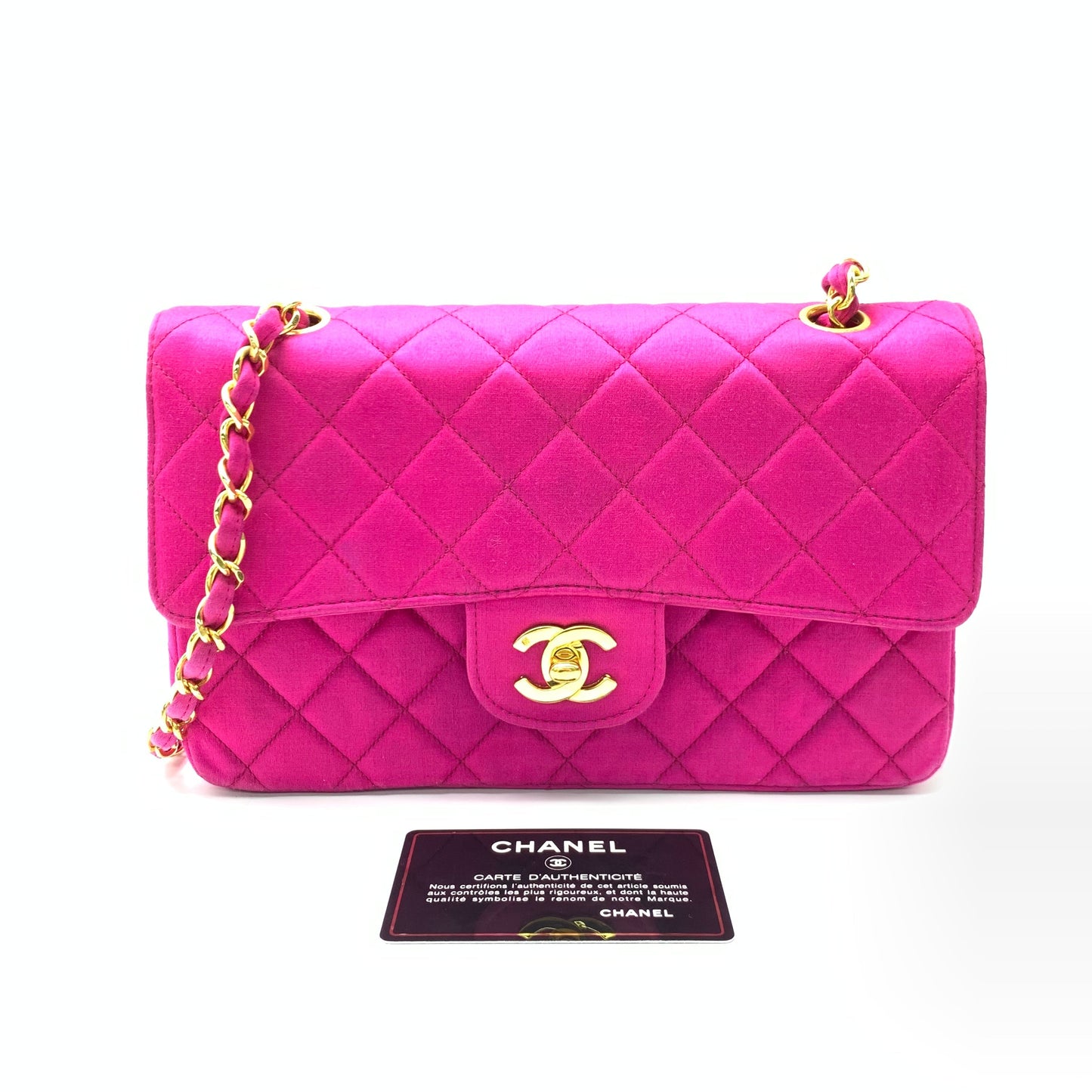 Chanel Classic Flap Fuchsia Silk Satin 24k Pink Gold Handbag