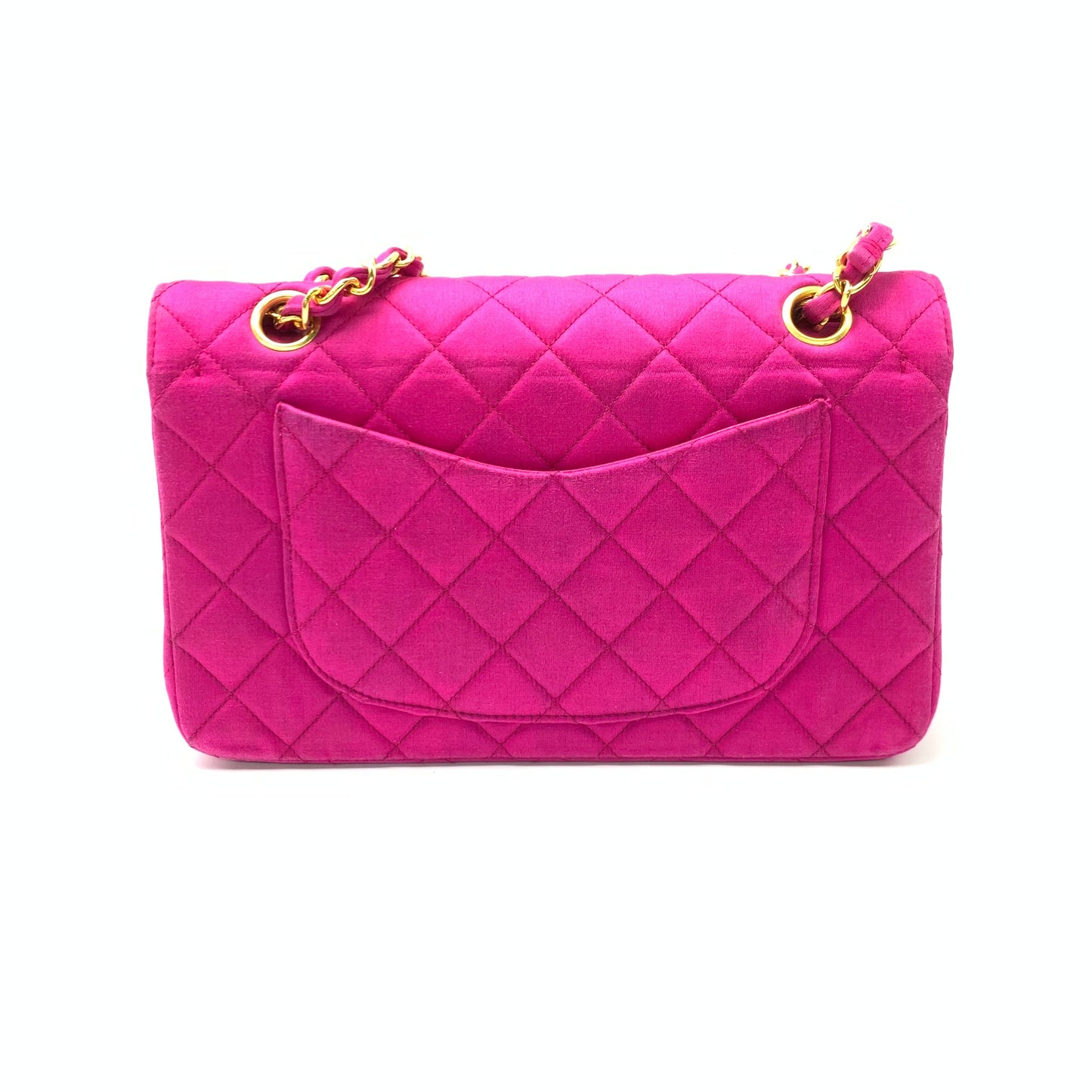 Chanel Classic Flap Fuchsia Silk Satin 24k Pink Gold Handbag