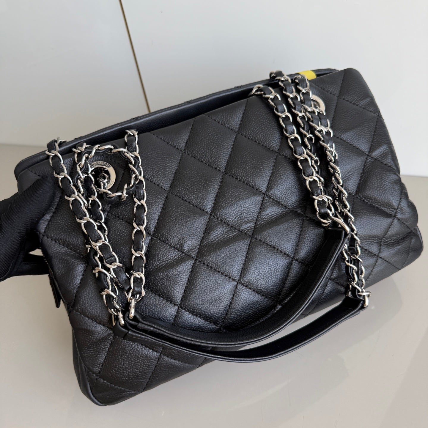 Chanel CC Logo Soft Quilted Caviar Hardware Black Silver Leather Tote Bag