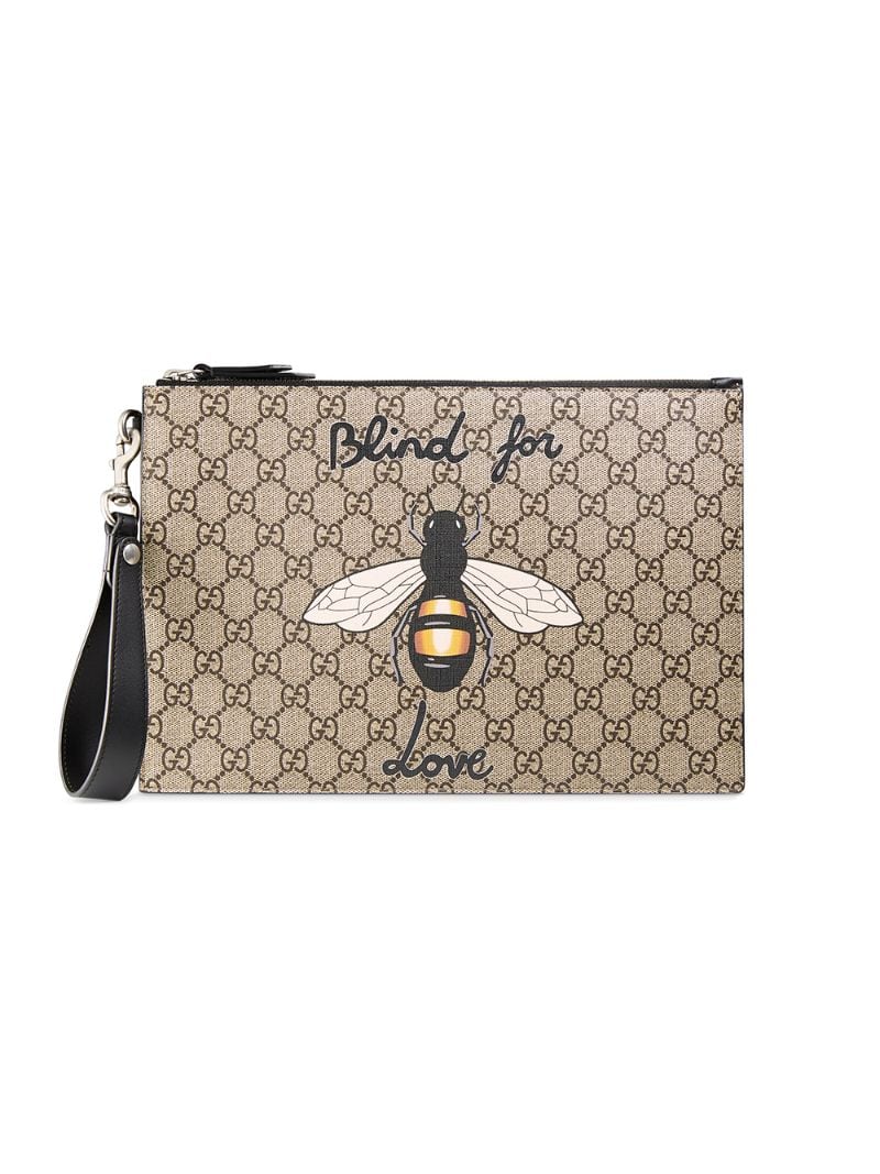 Gucci - Bee print GG Supreme pouch - men - Canvas/Leather - One Size - NEUTRALS