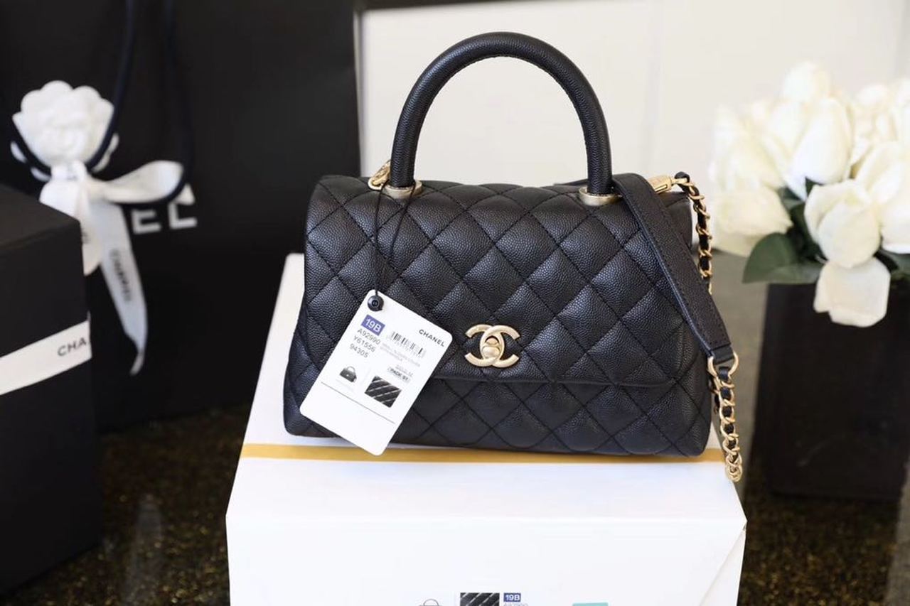 CHL Coco Toned Hardware 9in Black Gold Top Handle Handbag