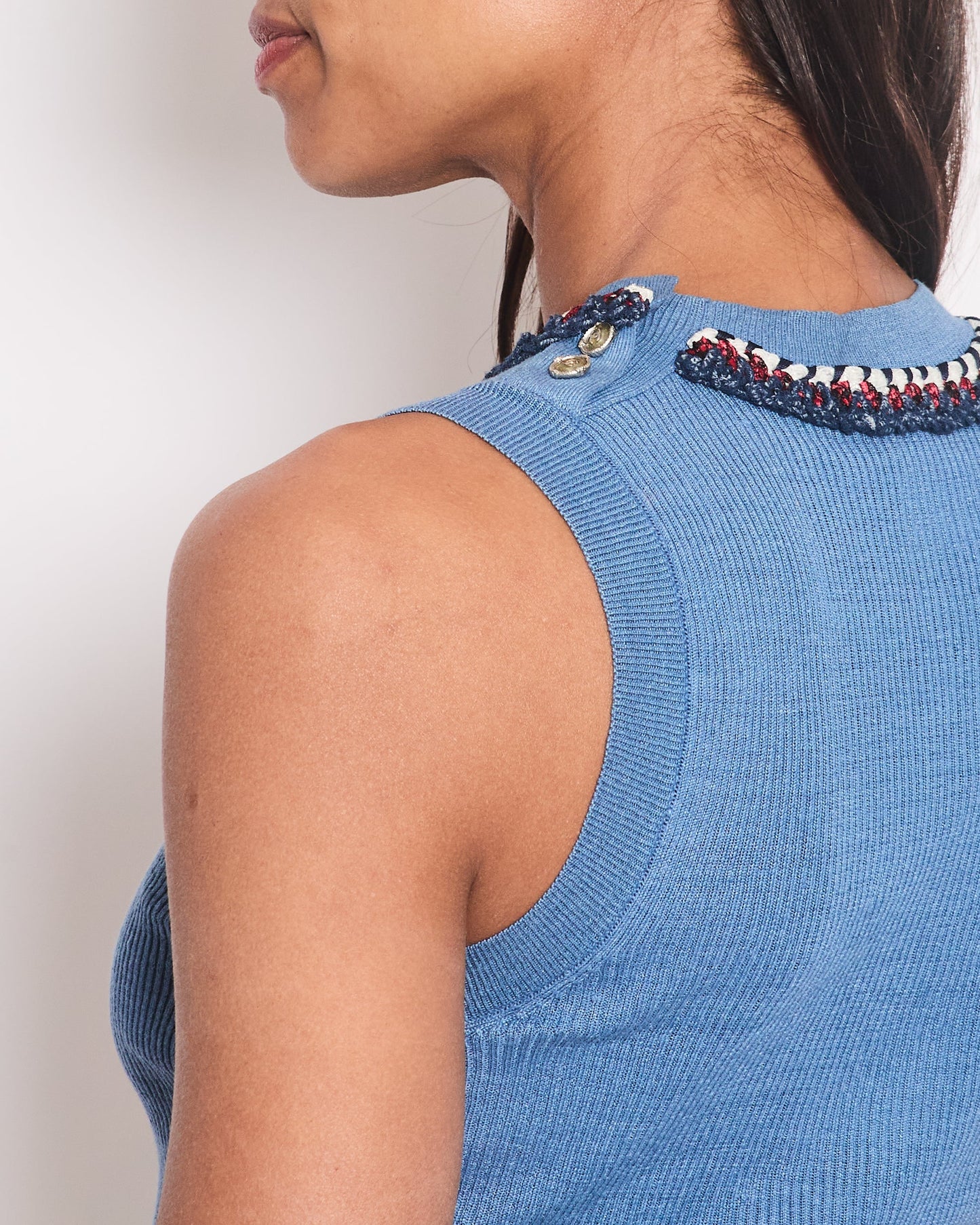 Chanel Blue Ribbed Knit Sleeveless Top With Red, White & Blue Tweed Embroidered Trim And Cc Button Detail Fr 36 (Uk 8) Bag