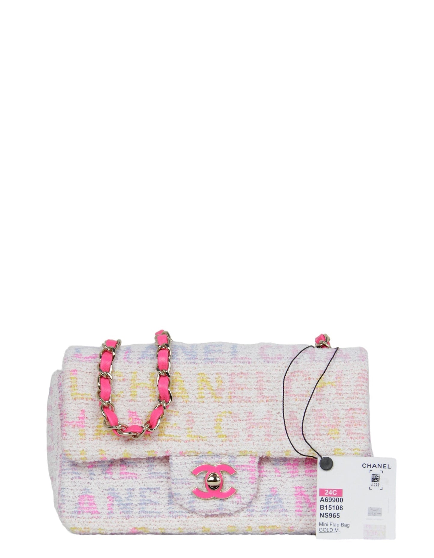 Chanel 2024 White Tweed Chanel Print Rectangular Mini Flap Handbag