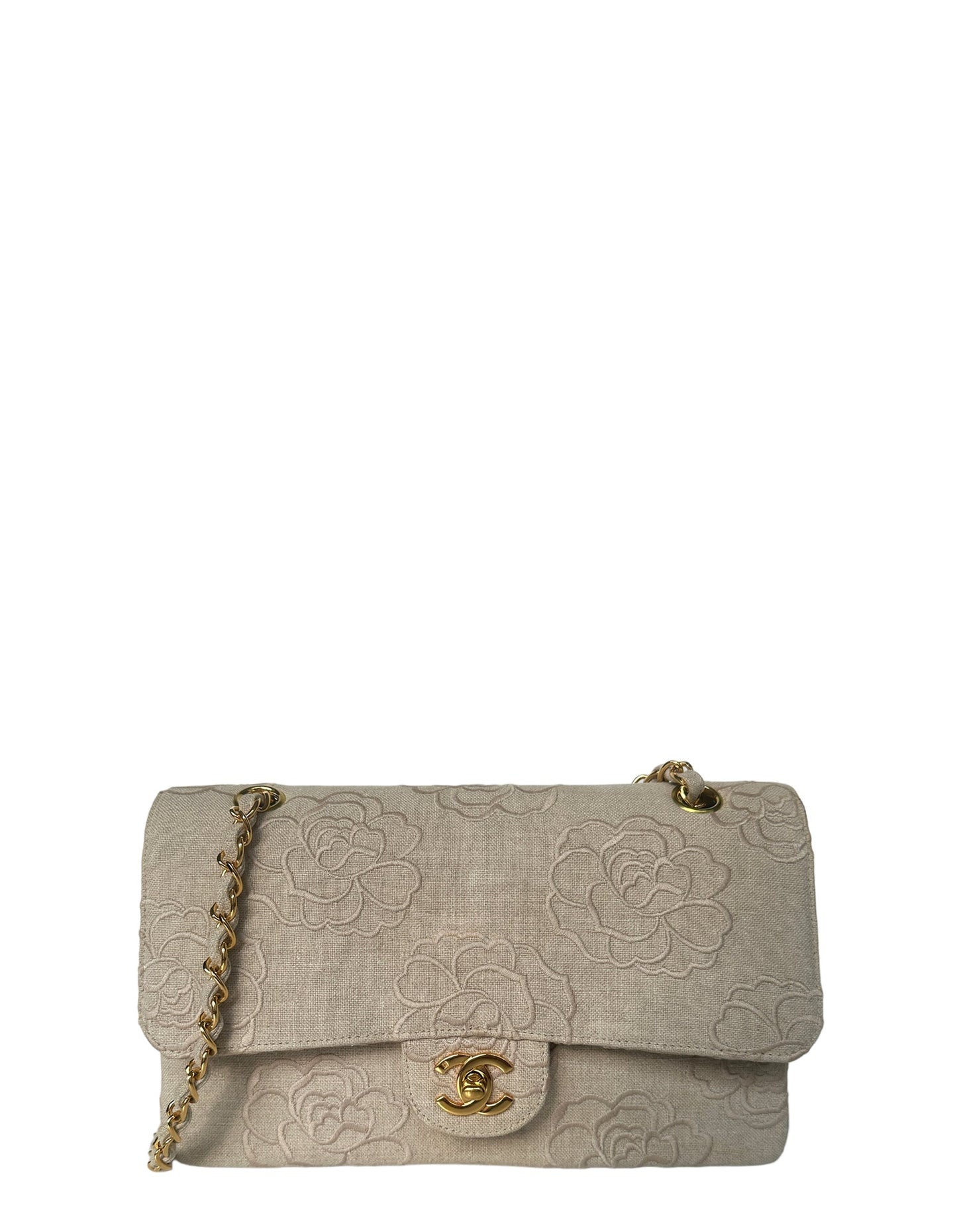 Chanel Ivory Canvas Camellia Embroidered Double Flap Classic Women Shoes