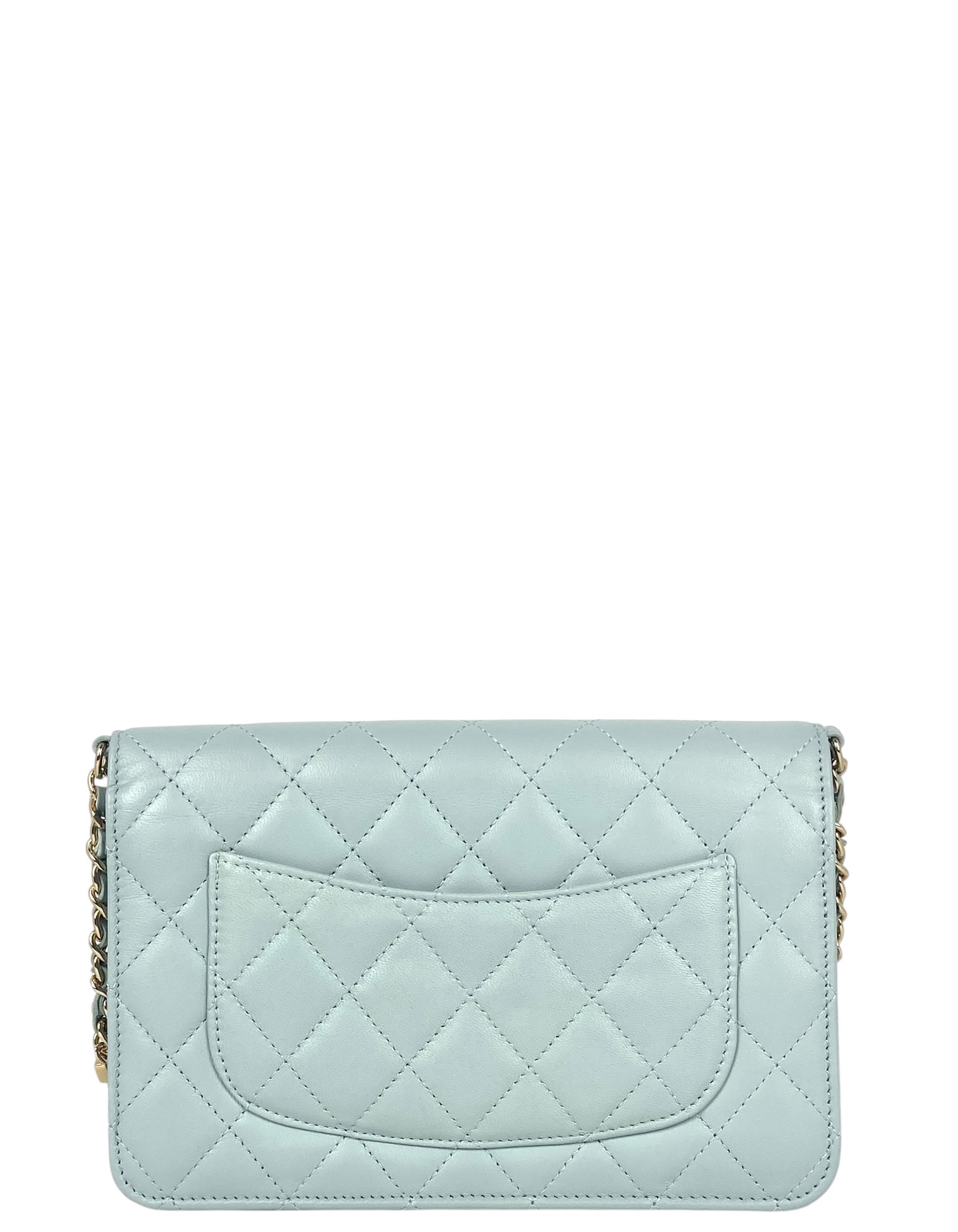 Chanel Light Blue Lambskin Pearl WOC Handbag