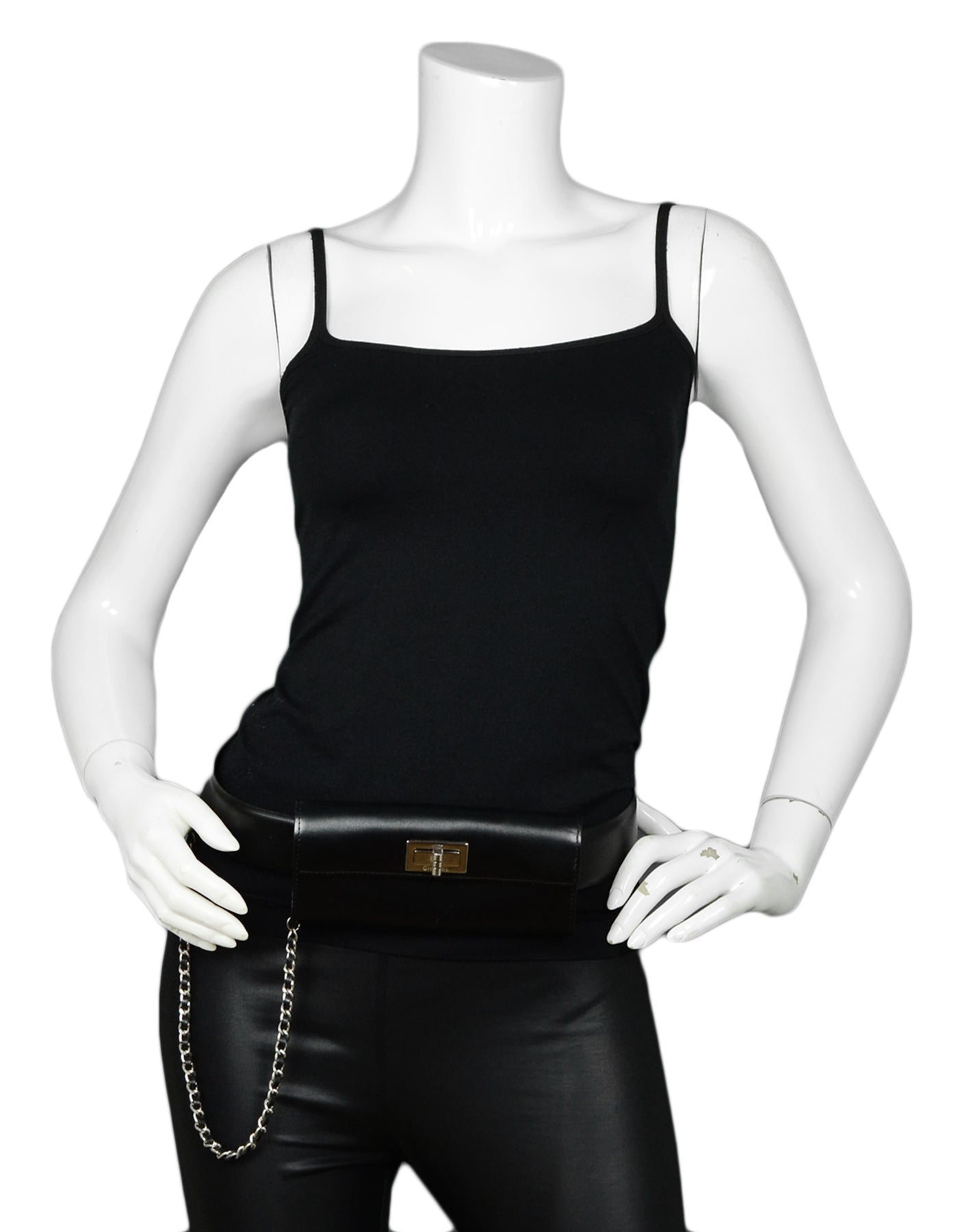 Chanel Black Smooth Leather 2.55 Reissue Lock Belt Bag W/ Chain
