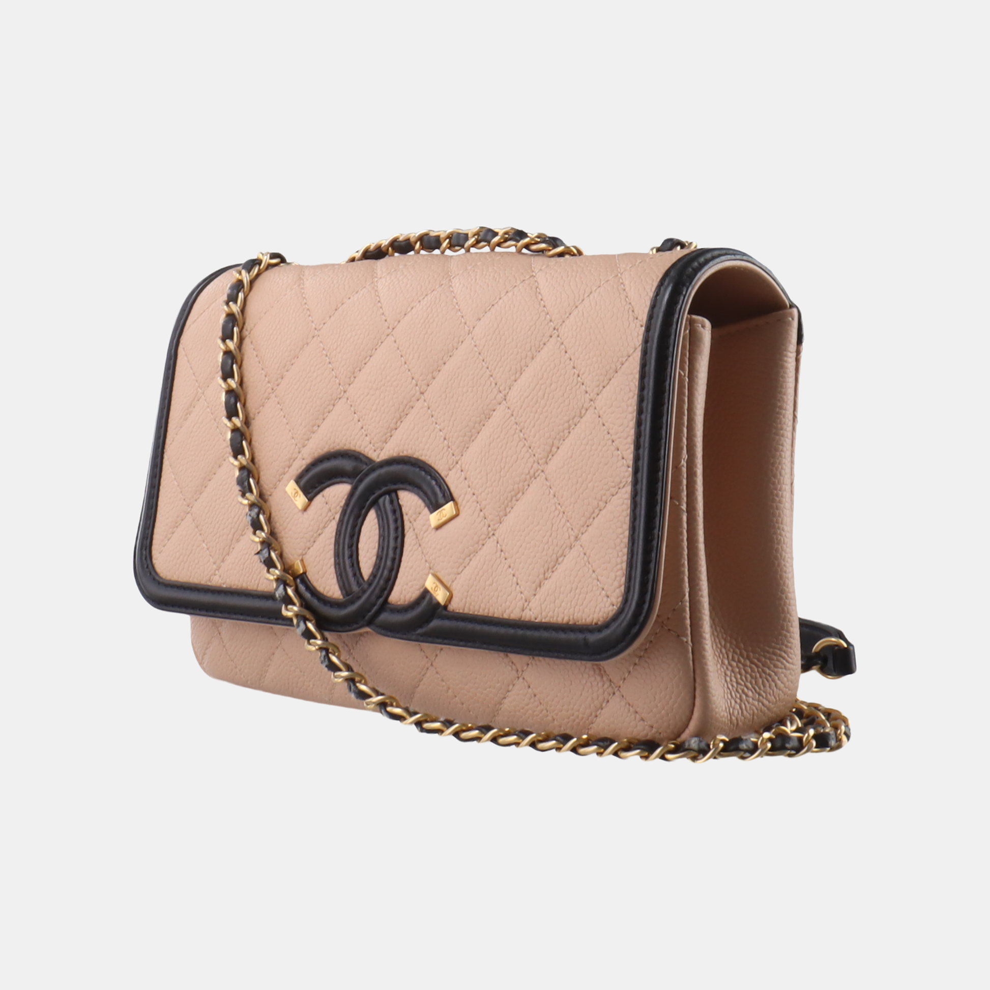 Chanel Filigree Flap Caviar Trim Black Beige Small Leather Shoulder Bag