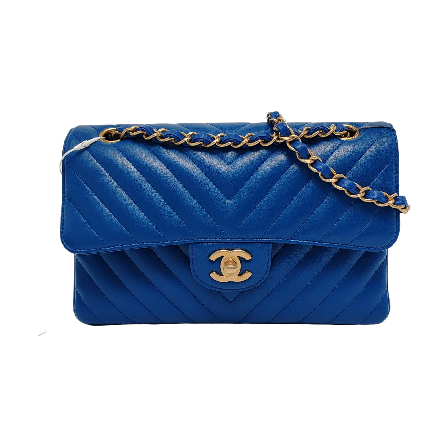 Chanel Classic Flap Chevron Stitching Royal Lambskin Blue Gold Small Leather Handbag