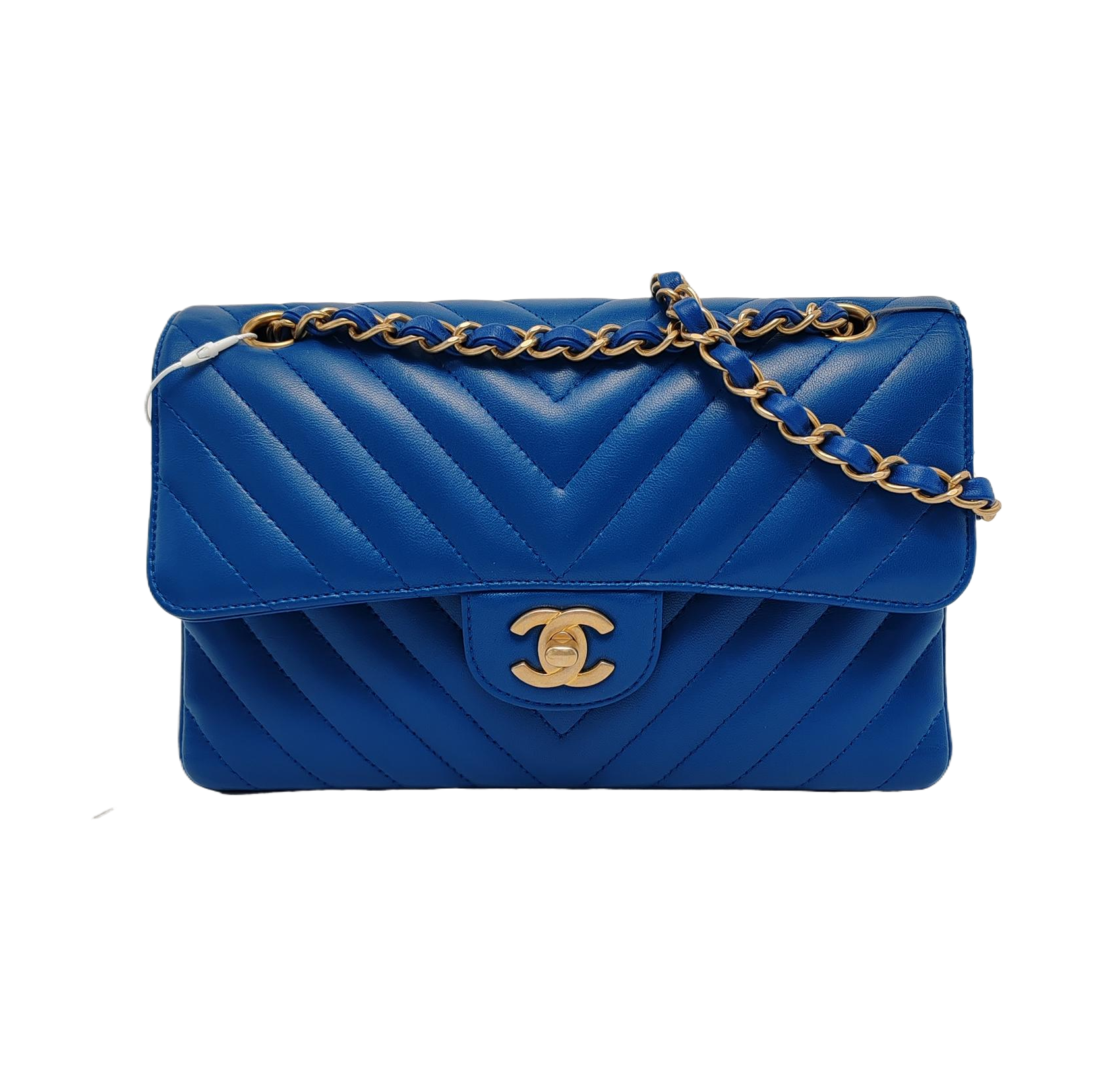 Chanel Classic Flap Chevron Stitching Royal Lambskin Blue Gold Small Leather Handbag