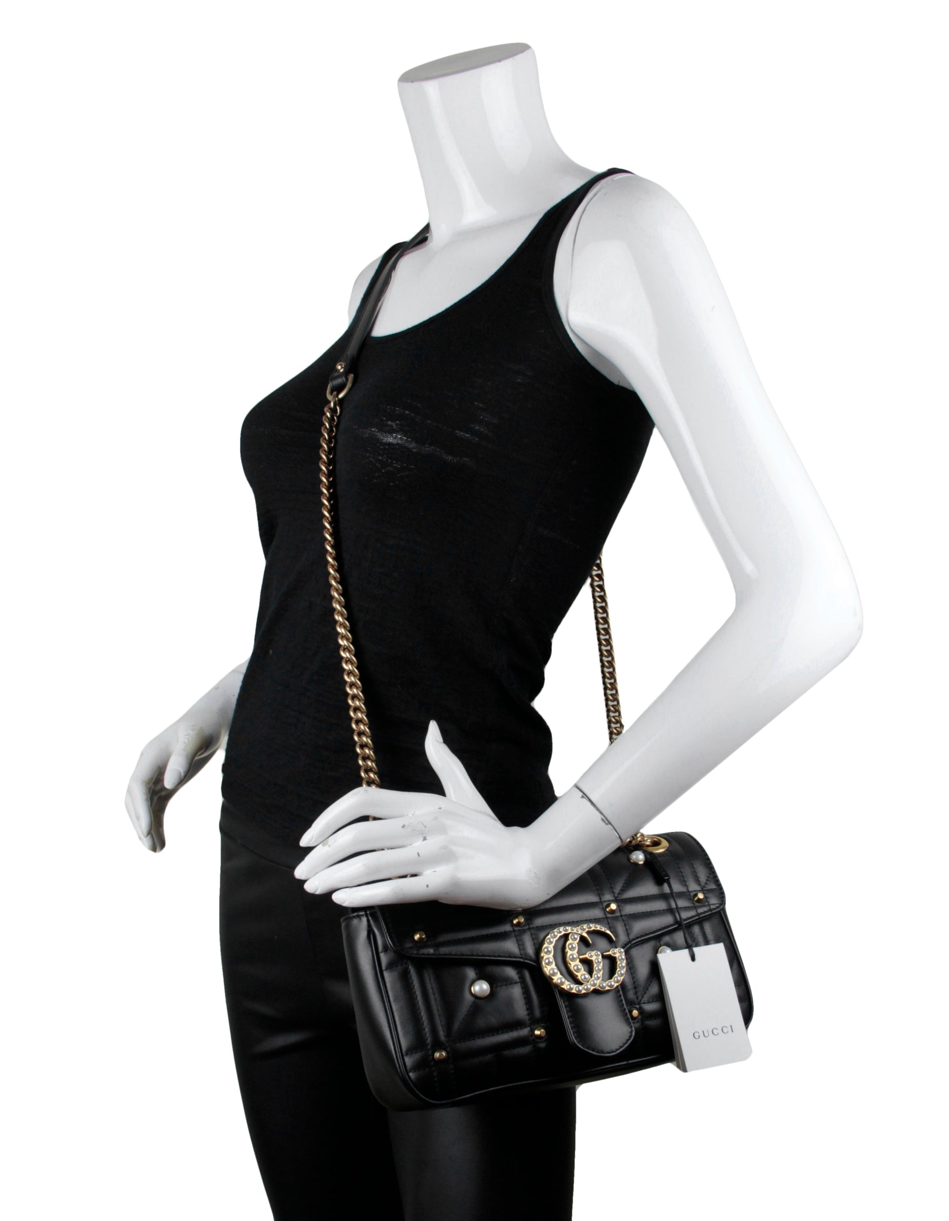 Gucci NWT Black Small GG Marmont Matelassé Pearl Studded Shoulder Bag