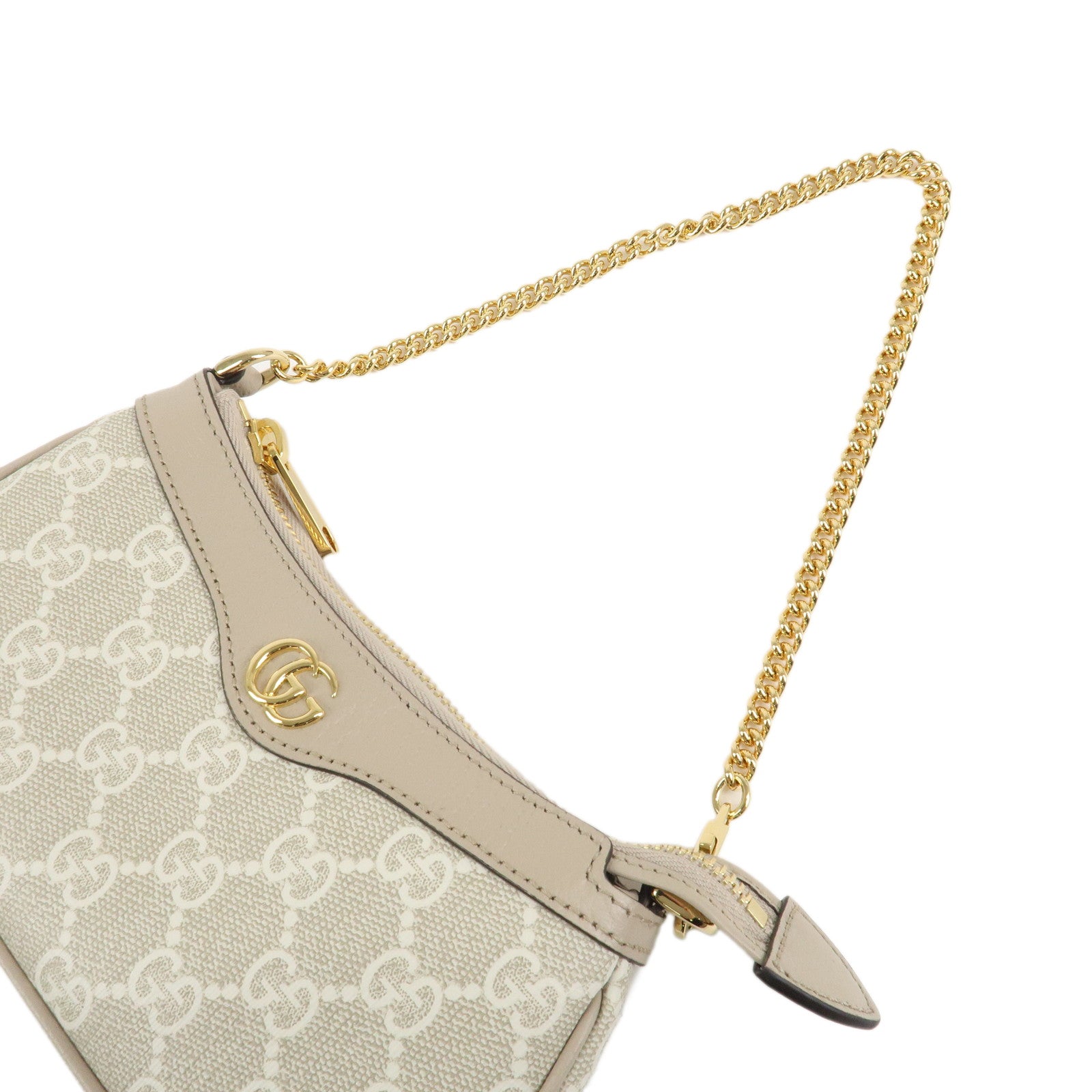 GUCCI Leather GG Supreme Chain Pouch Hand Bag Beige Brown 764960