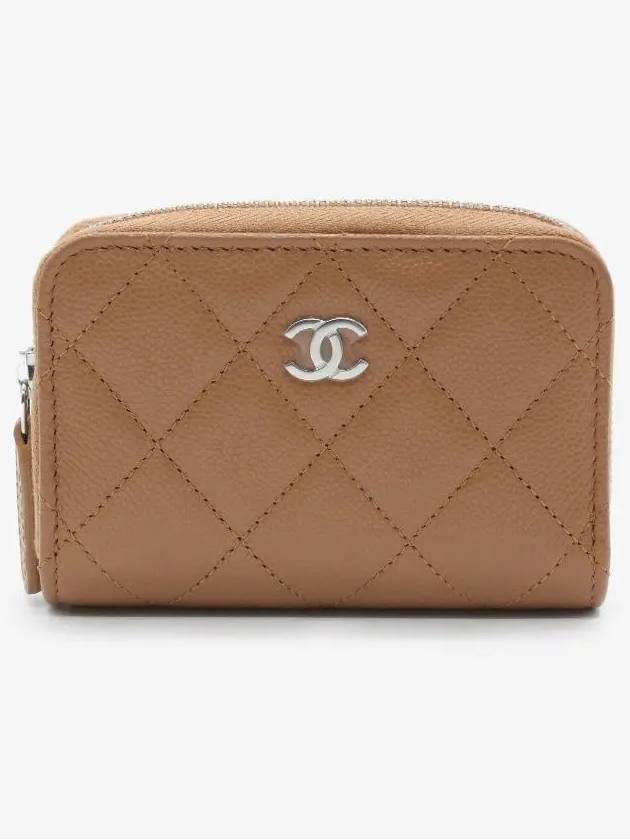 Silver Logo Zipper Caviar Card Wallet Camel Chanel