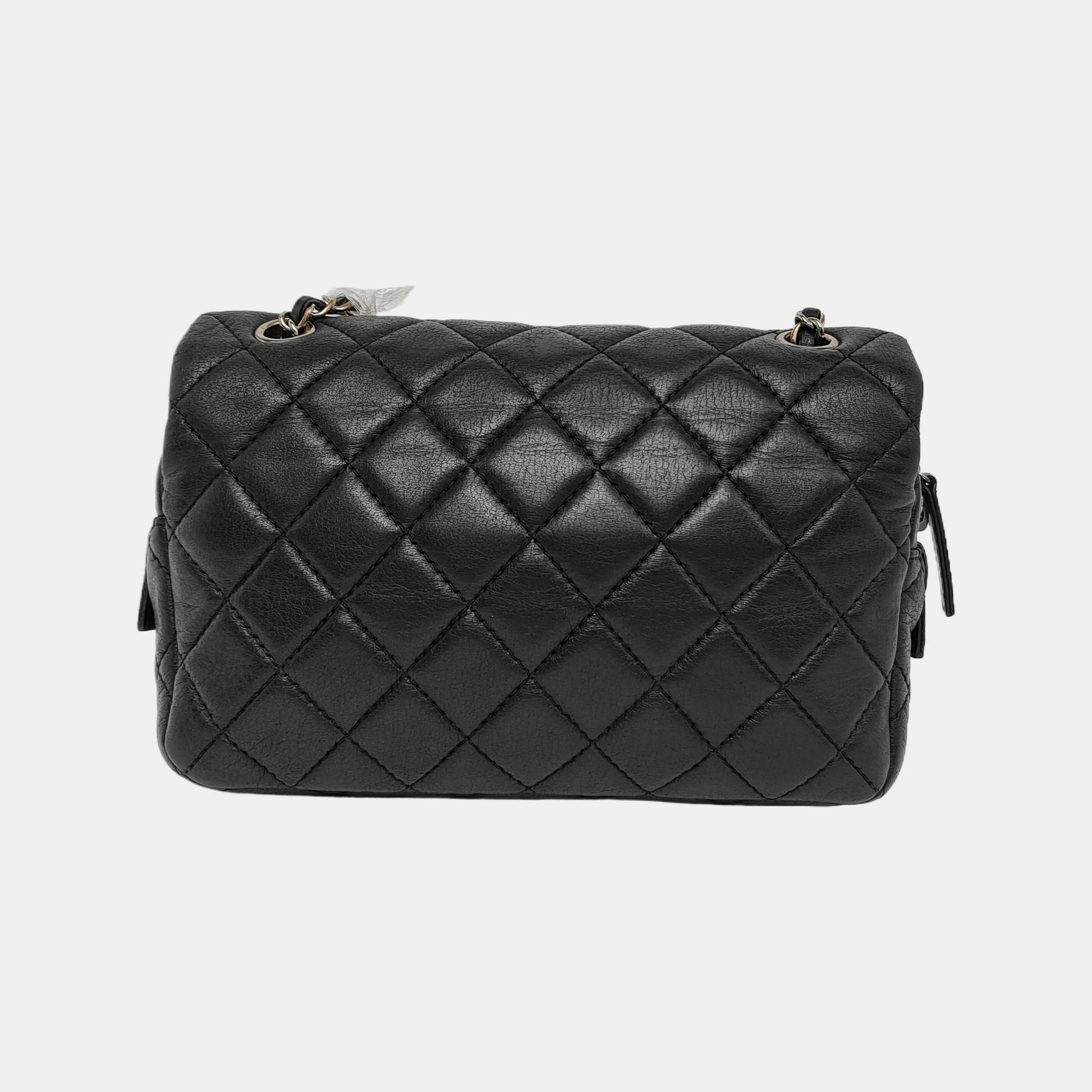 Chanel Calfskin Flap Zipper Hardware Black Gold Silver Leather Handbag