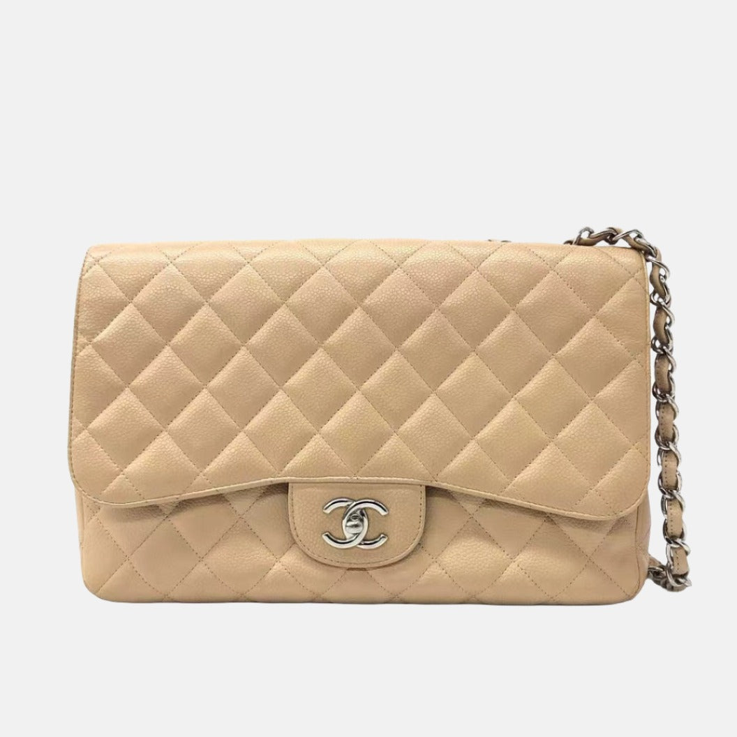 Chanel Classic Flap Jumbo Caviar Single Flap Silver Beige Leather Handbag Silver Hardware