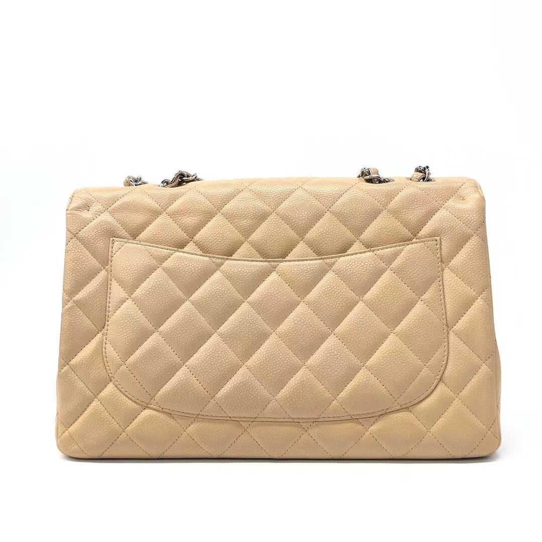 Chanel Classic Flap Jumbo Caviar Single Flap Silver Beige Leather Handbag Silver Hardware