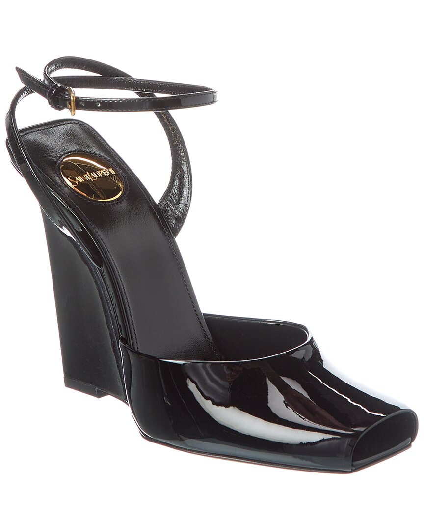 YSL Saint Laurent La Scandale 105 Wedge Sandal Patent Black Shoes