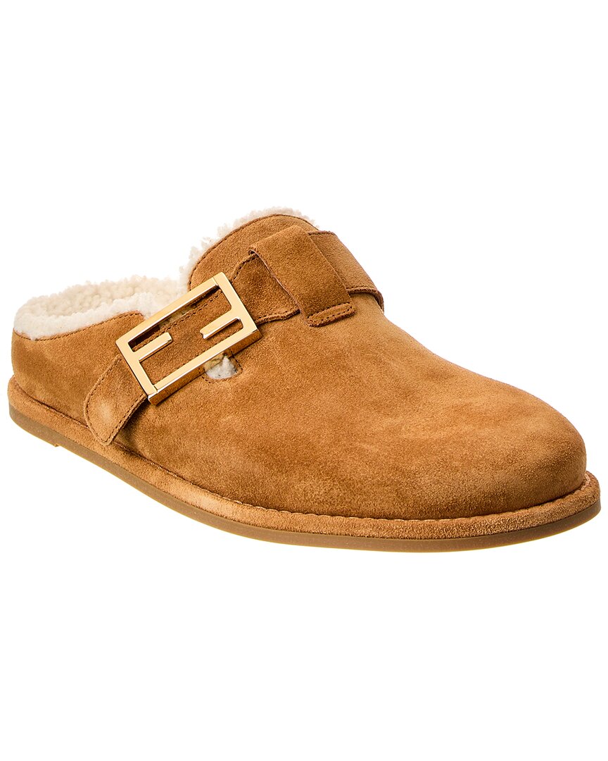 Fendi Shoe Feel & Shearling Sabot Suede Brown Shoes