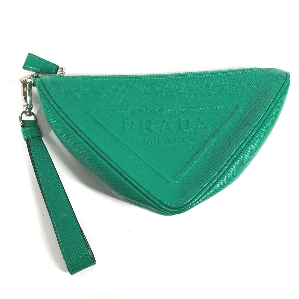 Clutch Bag Safiano Embossed Triangle Plate Mens Leather Green