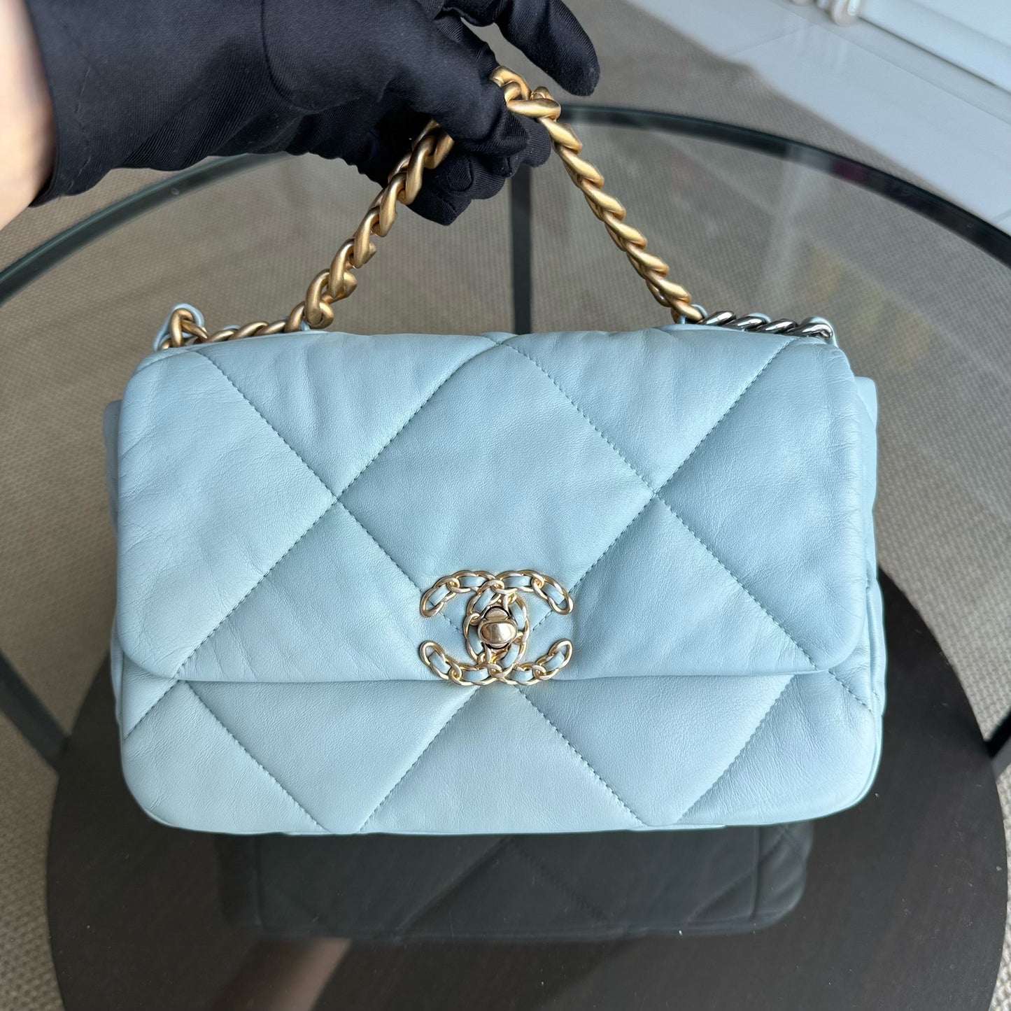 Chanel 19 Bag Goatskin Light Two-Tone Hardware Microchip Quilted Blue Handbag