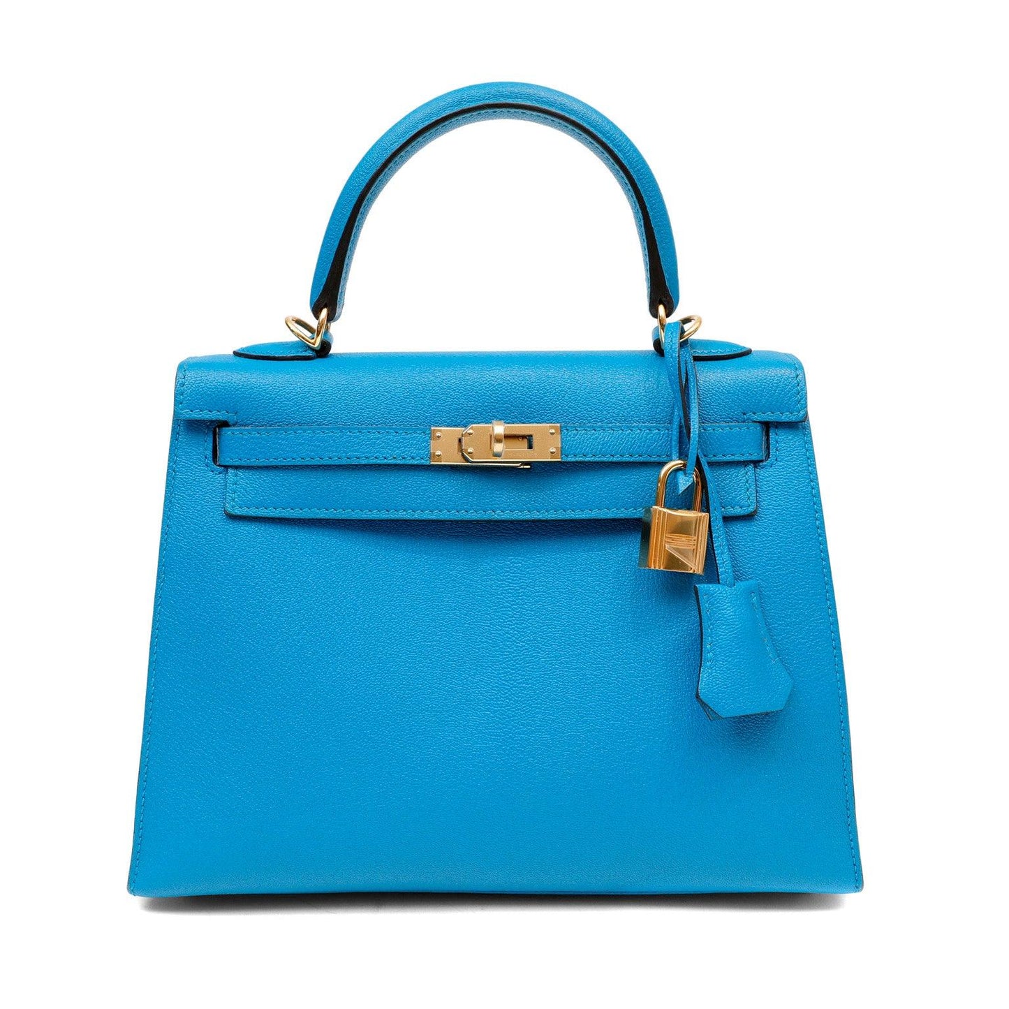 Hermes Turquoise Chevre Kelly W Hardware Handbag Blue Gold Travel Bag