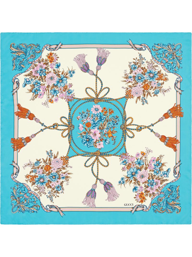 Gucci - Silk carré with flowers and tassels print - women - Silk - One Size - Neutrals