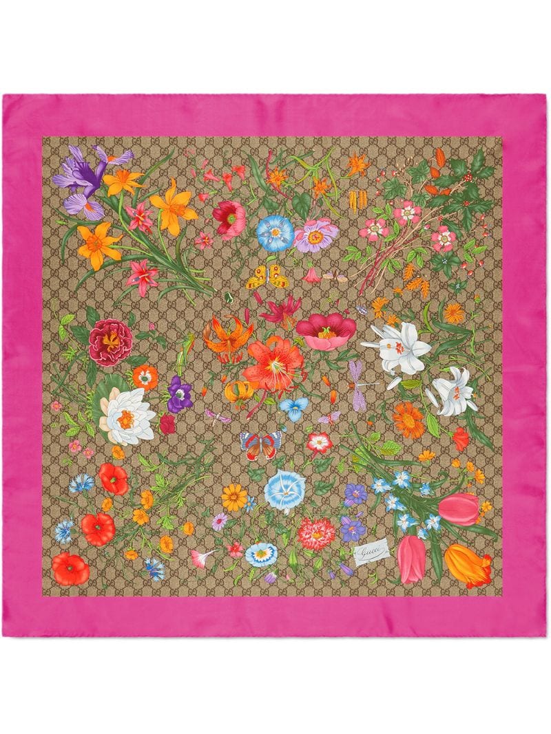 Gucci - Silk carré with GG Flora print - women - Silk - One Size - NEUTRALS