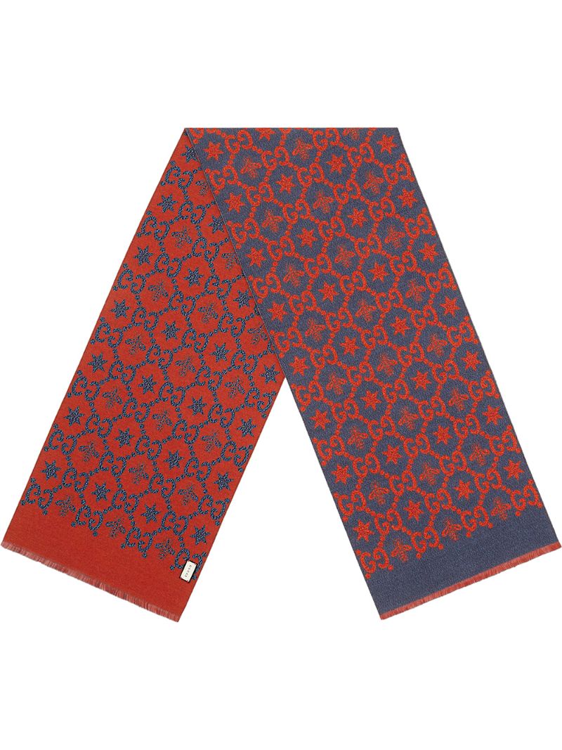 Gucci - Bees and Stars GG jacquard scarf - men - Silk/Wool - One Size - Blue