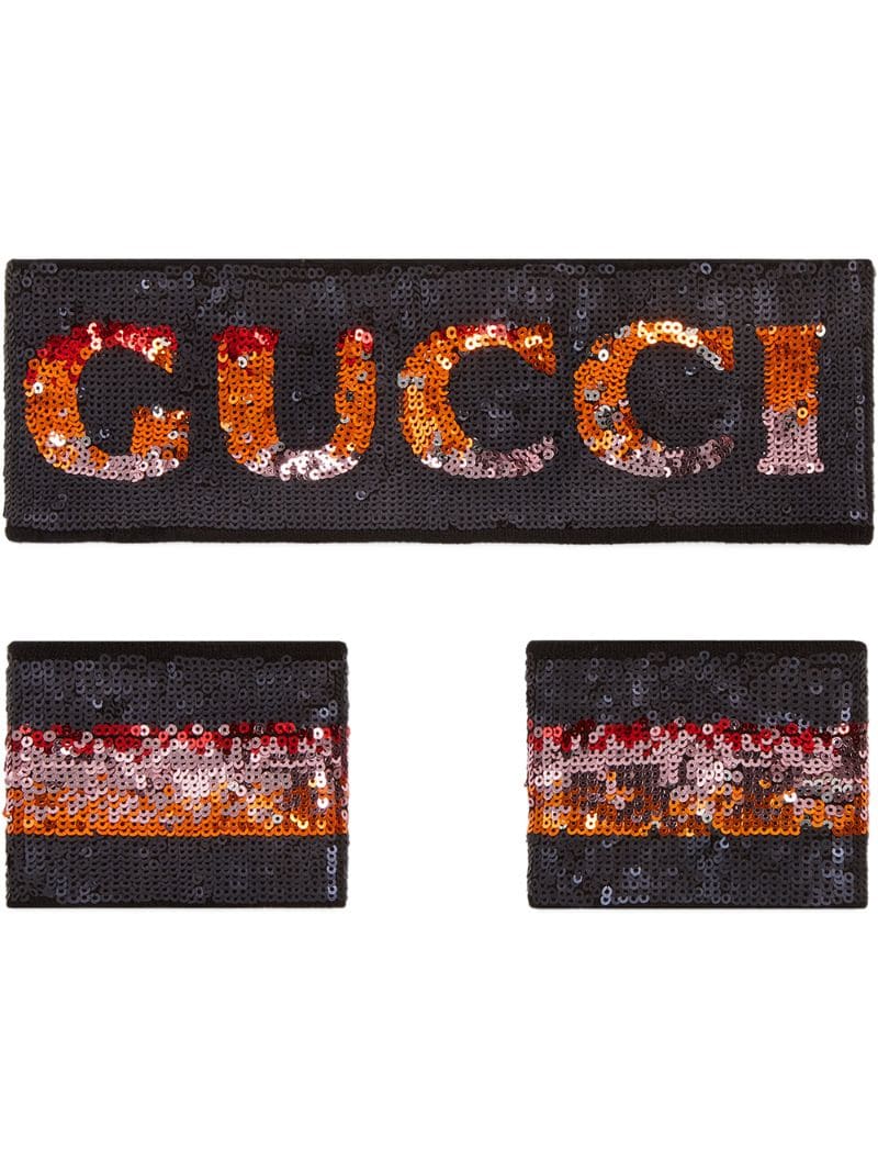 Gucci - sequin logo headband and wrist cuffs - women - Cotton - M, L - Black