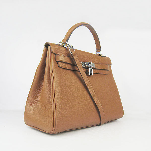 Hermes Luxury Kelly Cm Togo Light Coffee Handbag Leather Silver Travel Bag