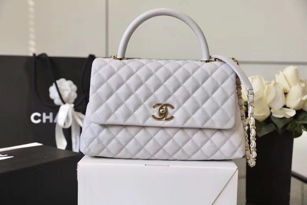 CHL Coco Toned Hardware 11in White Gold Top Handle Handbag