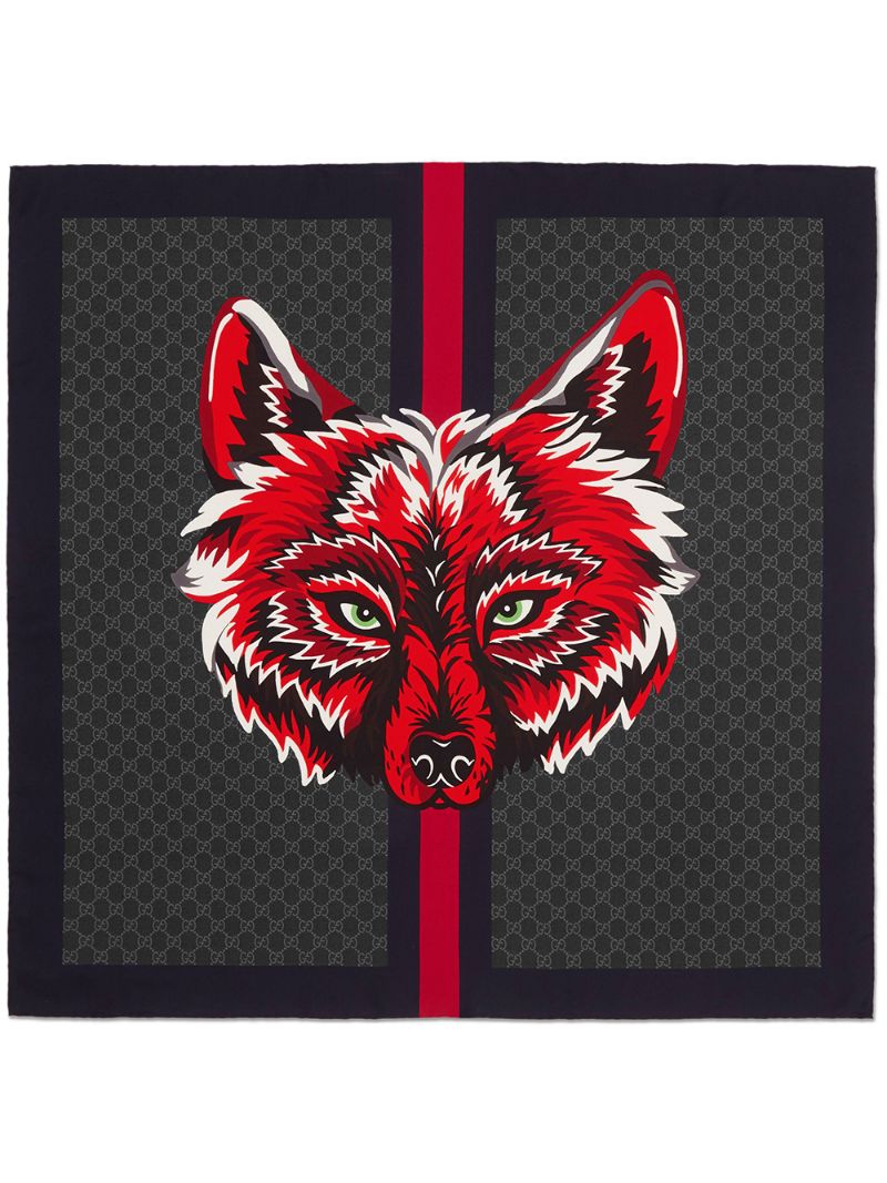 Gucci - GG silk carré with wolf - men - Silk - One Size - Black