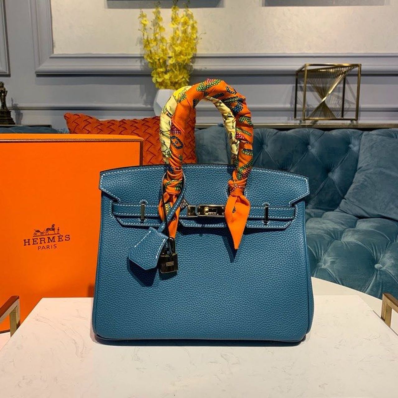 Top Quality Birkin Semi Handstitched With Toned Blue Gold Travel Bag