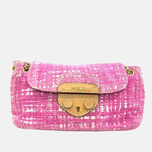 Prada Sound Lock Tweed Shoulder Bag Pink