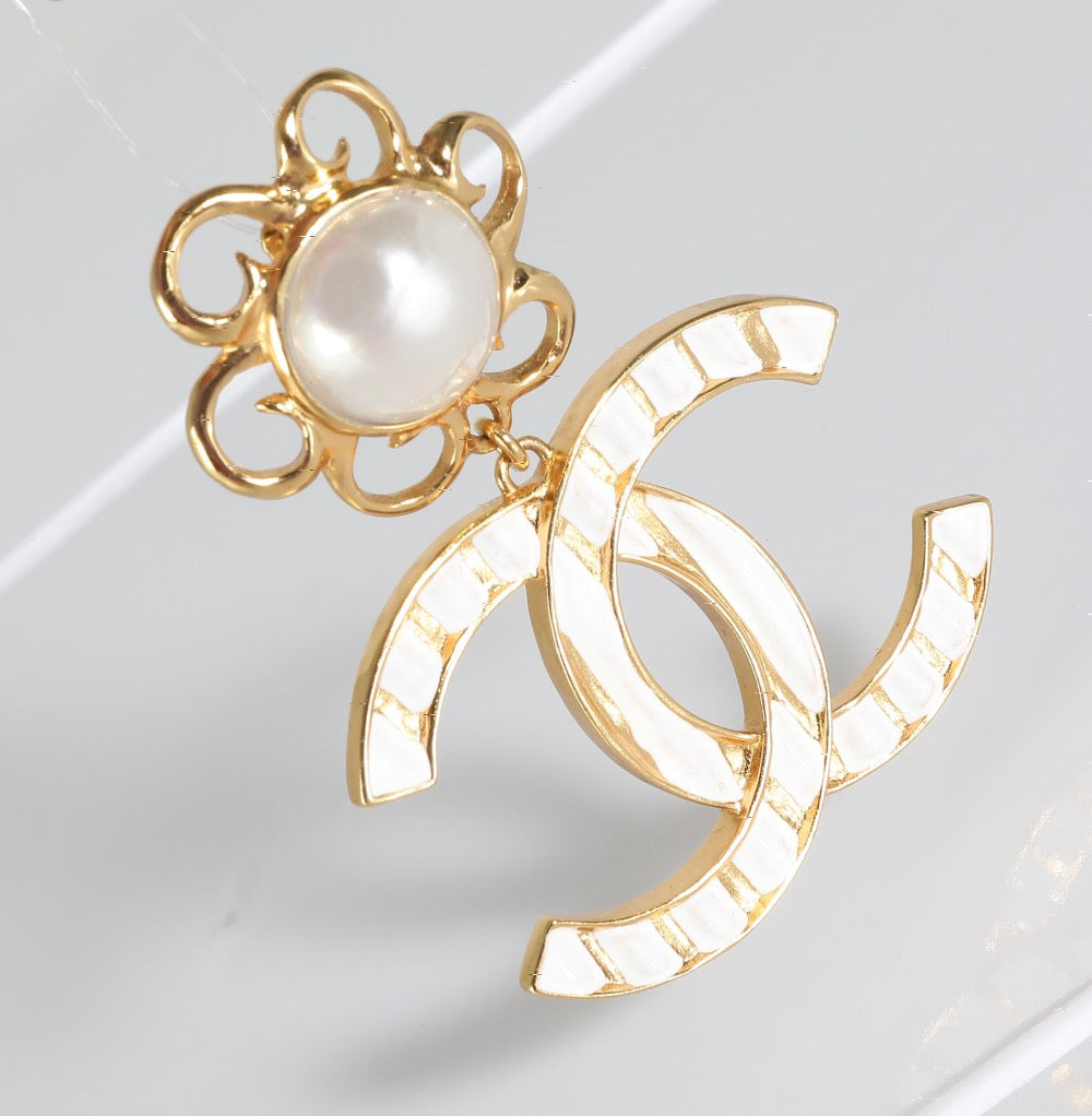 CHANEL CC Dangle Earrings with Faux Pearls & White Enamel I 23 C