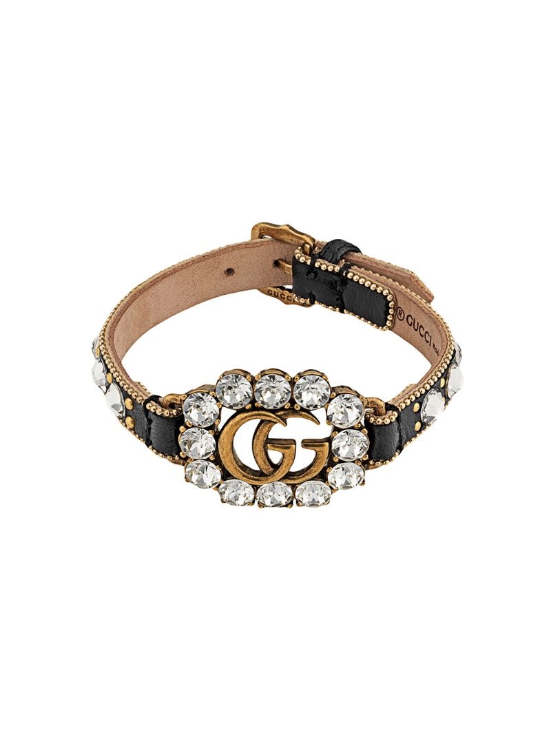 Gucci - Leather bracelet with Double G - women - metal/Crystal/Leather - S - Black