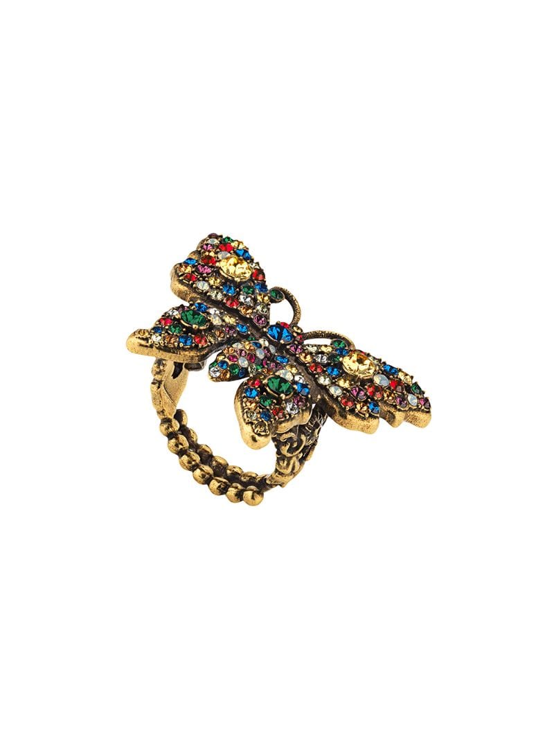Gucci - Crystal studded butterfly ring - women - metal/Crystal - 50, 56 - GOLD