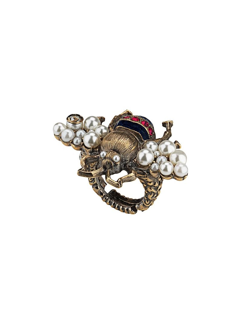Gucci - Bee ring with crystals and pearls - women - Gold Plated Metal/glass/Enamel/Crystal - 53 - GOLD