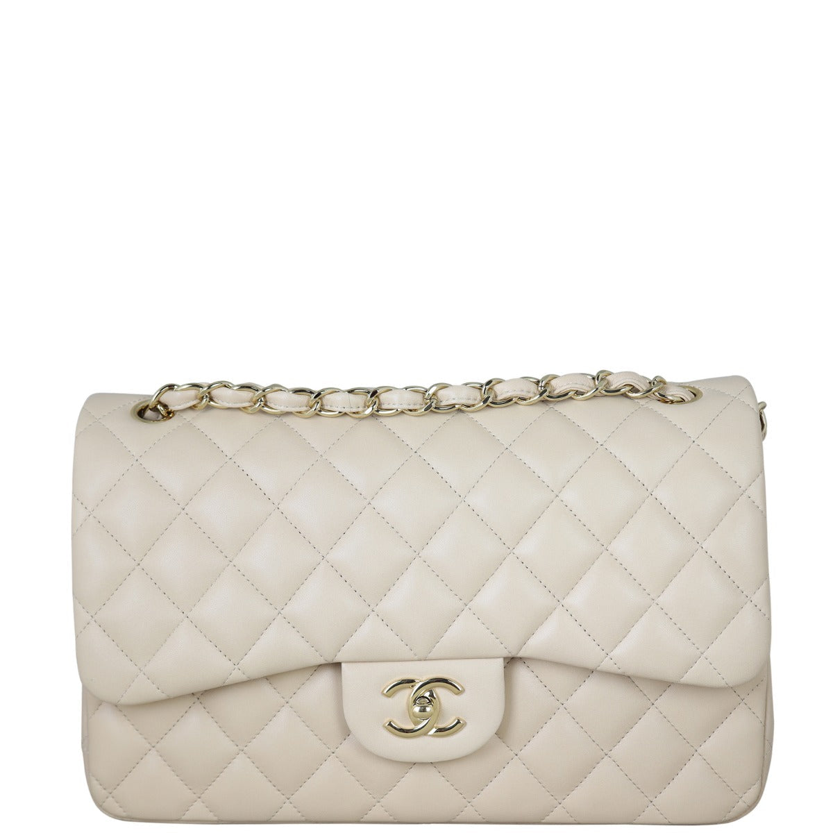 Chanel Classic Double Jumbo Lambskin Diamond Handbag Beige Flap