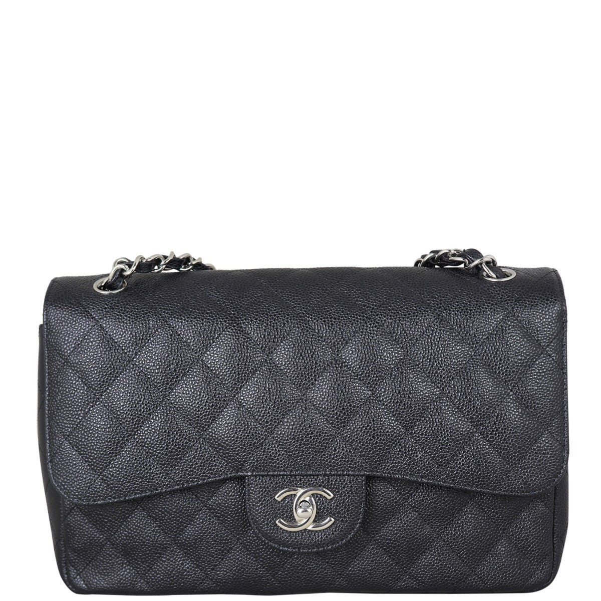 Chanel Classic Double Jumbo Caviar Diamond Handbag Black Flap
