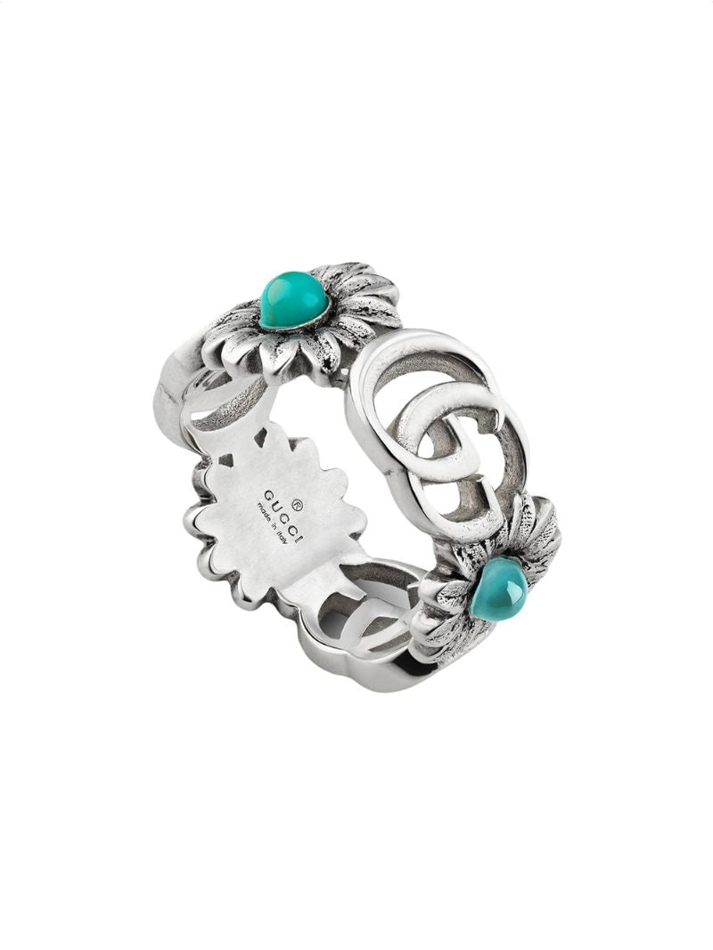 Gucci - Double G flower ring - women - Sterling Silver/Resin/Topaz/Mother of Pearl - 50, 51, 52, 56, 58 - Metallic