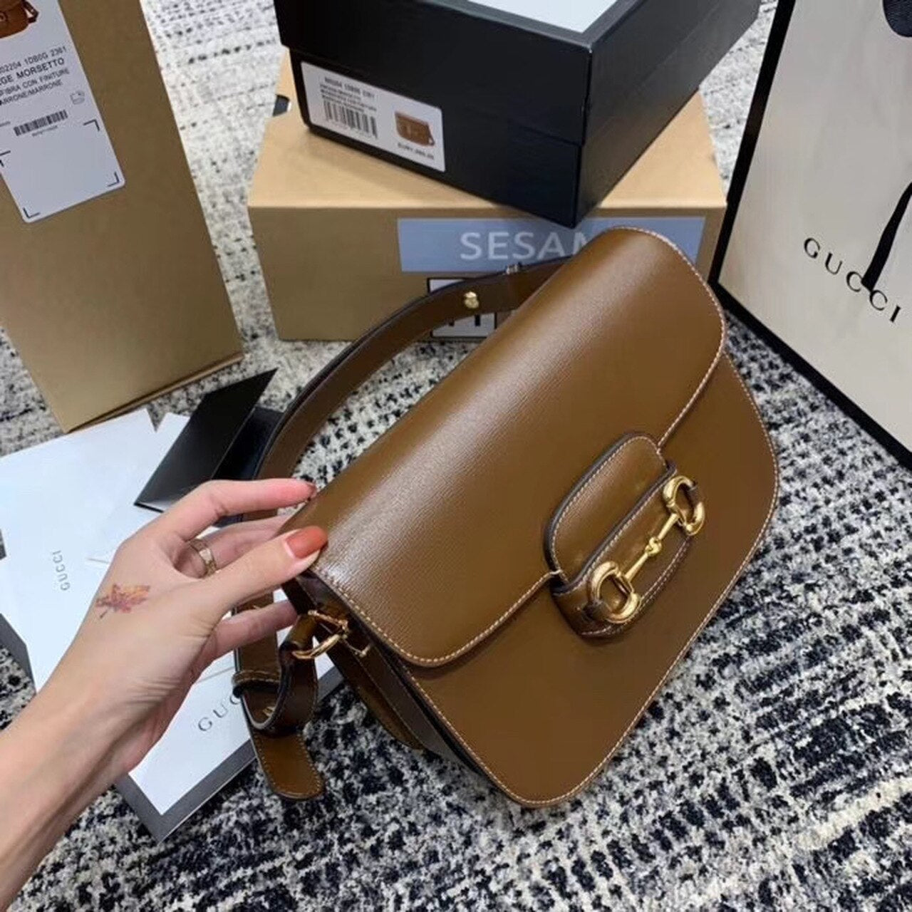 gg Horsebit Textured A Effect Brown Shoulder Bag