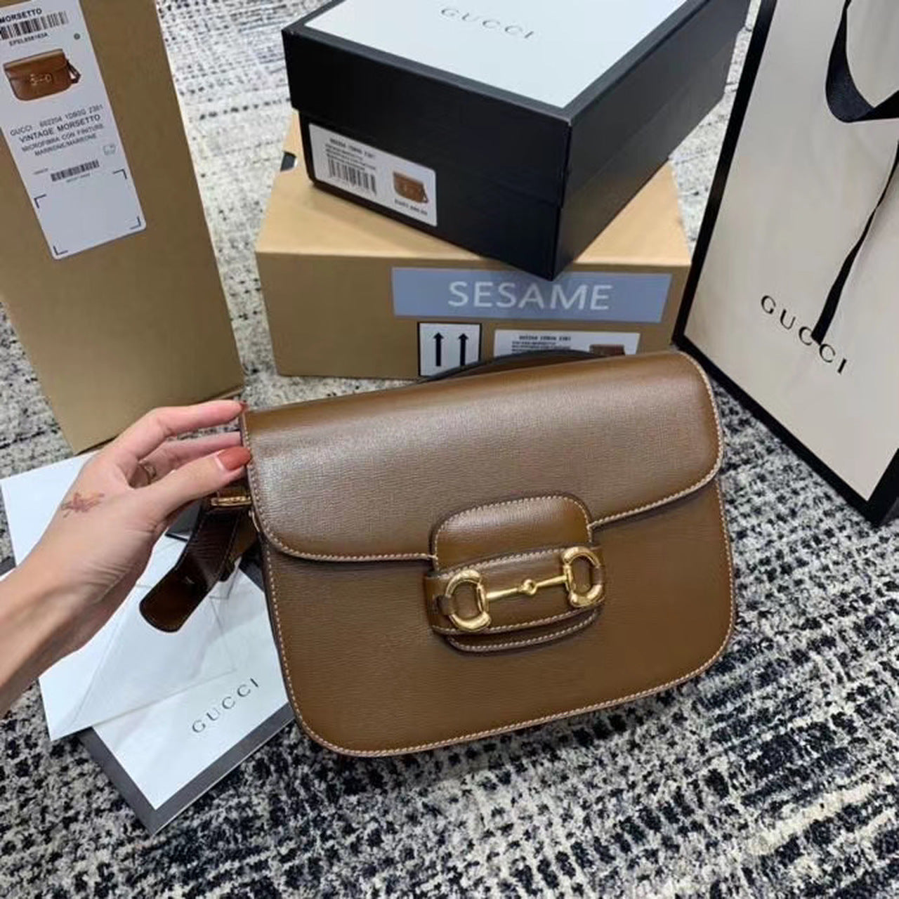 gg Horsebit Textured A Effect Brown Shoulder Bag