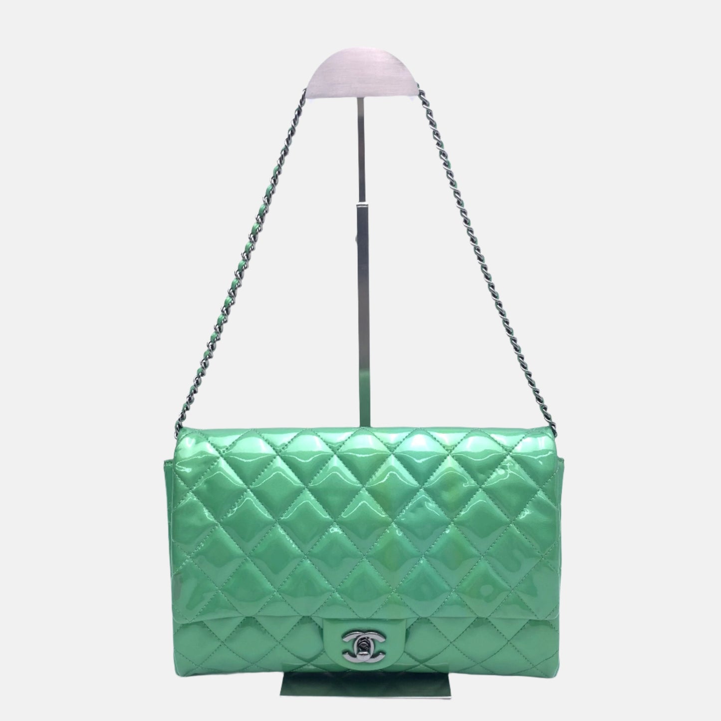 Chanel Envelope Chains Apple Patent Green Leather Shoulder Bag
