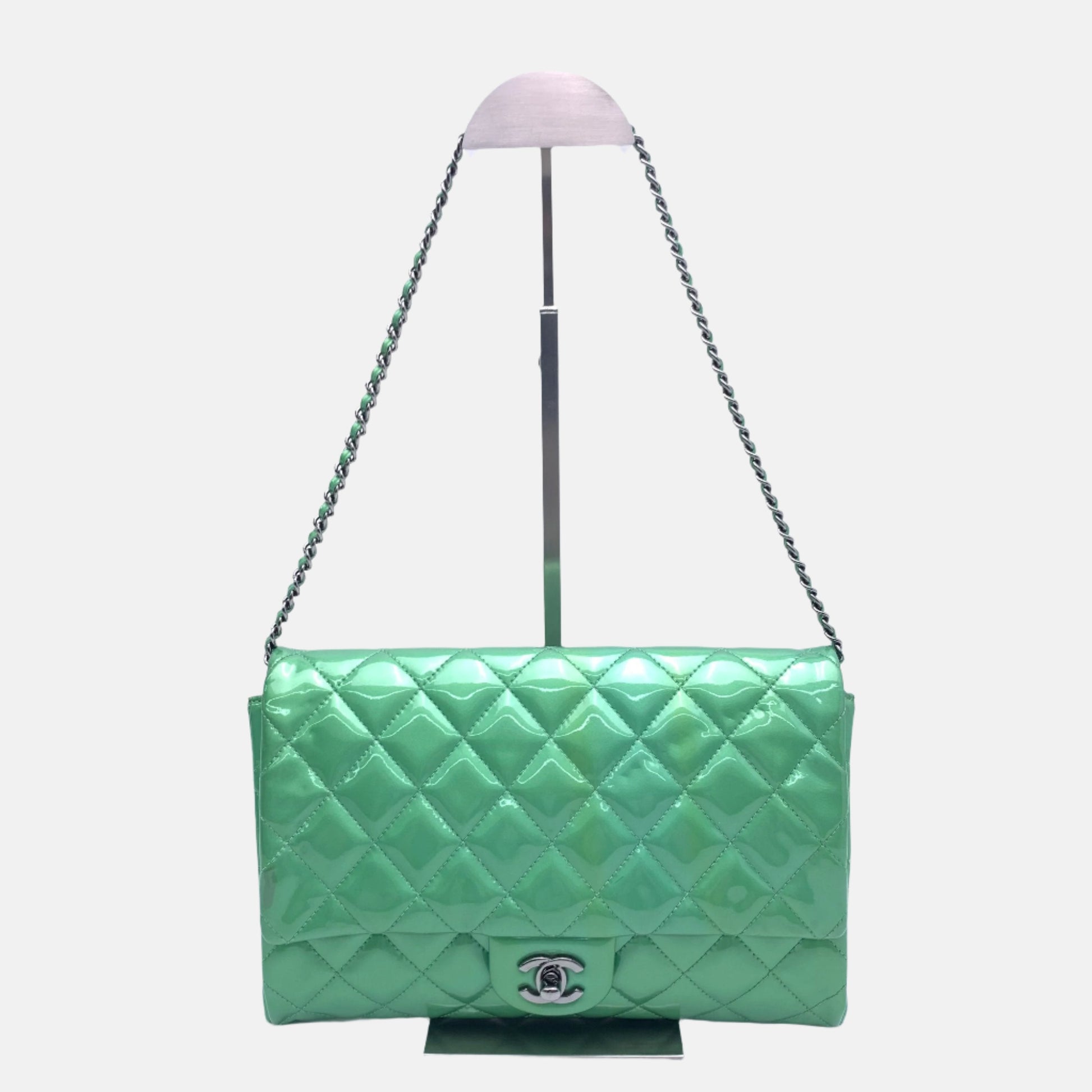 Chanel Envelope Chains Apple Patent Green Leather Shoulder Bag