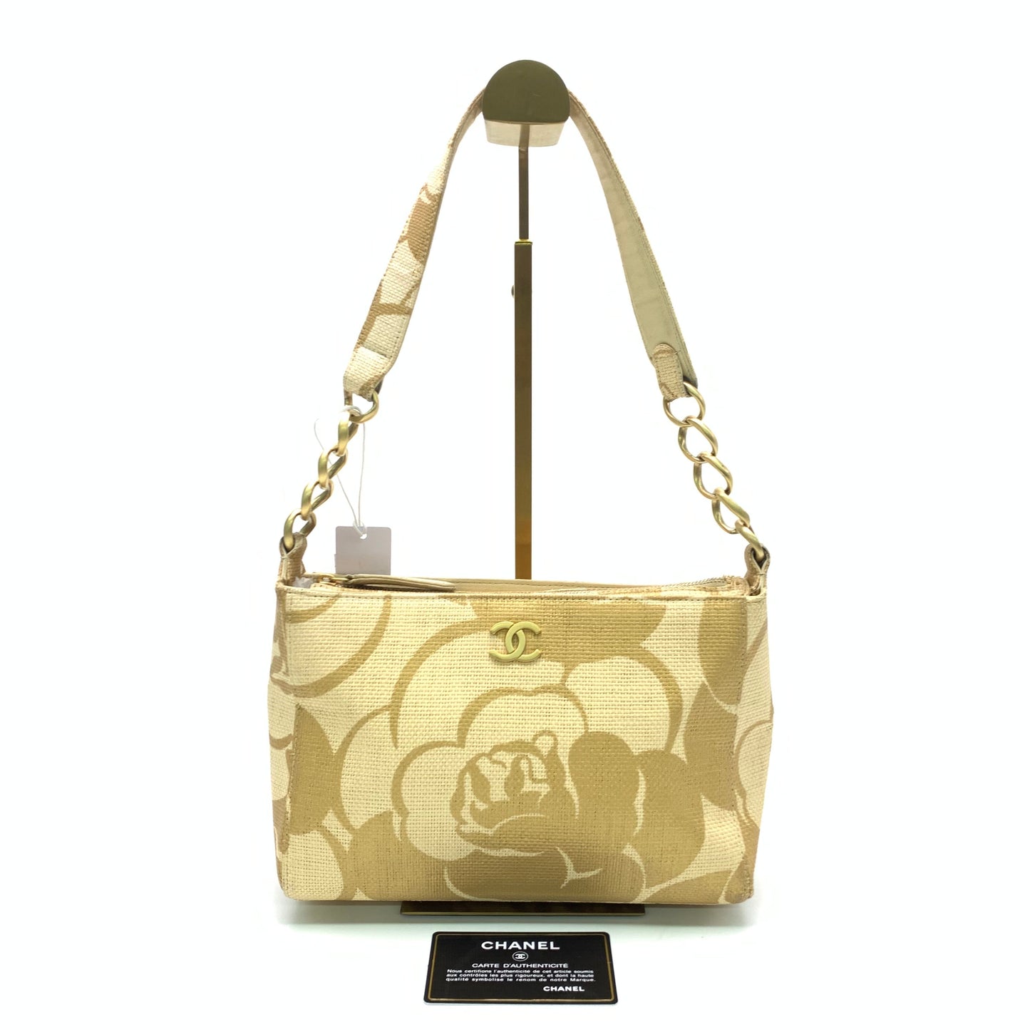 Chanel Woven Raffia Camellia Print Gold Beige Shoulder Bag