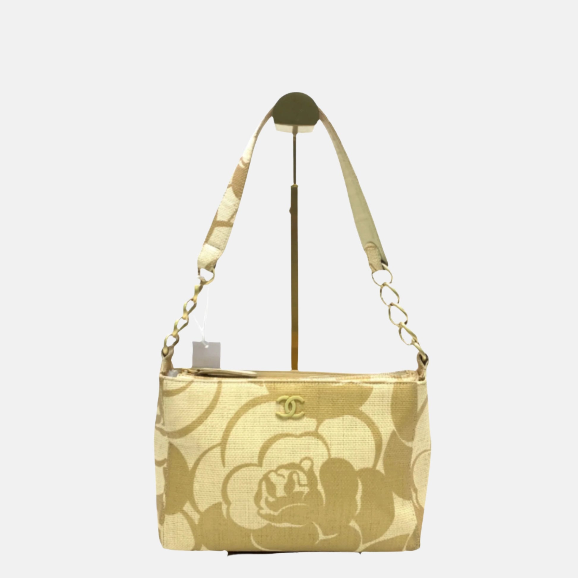 Chanel Woven Raffia Camellia Print Gold Beige Shoulder Bag